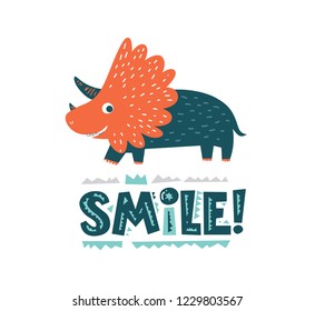 Dinosaur cute vector illustration in flat cartoon style. Smile hand drawn lettering. Illustration for nursery t-shirt, kids apparel, logo, invitation, poster, card, baby shower