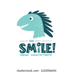 Dinosaur cute vector illustration in flat cartoon style. Smile! hand drawn lettering. Illustration for nursery t-shirt, kids apparel, logo, invitation, poster, card, baby shower