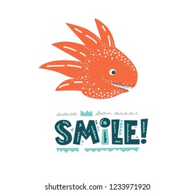 Dinosaur cute vector illustration in flat cartoon style. Smile hand drawn lettering. Illustration for nursery t-shirt, kids apparel, logo, invitation, poster, card, baby shower