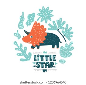 Dinosaur cute vector illustration in flat cartoon style. Little star hand drawn lettering. Illustration for nursery t-shirt, kids apparel, logo, invitation, poster, card, baby shower