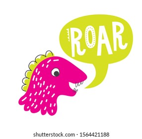 Dinosaur cute vector illustration in flat cartoon style. Roar hand drawn lettering. Illustration for nursery t-shirt, kids apparel, logo, invitation, poster, card, baby shower