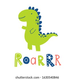 Dinosaur cute vector illustration with lettering roar. Cute cartoon character in childish doodle style. Hand drown set with dino collection