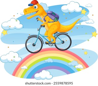 A dinosaur cycles happily through a colorful sky