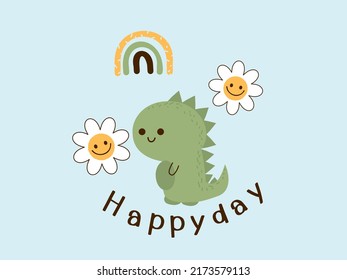 Dinosaur, daisy flower and rainbow on blue background vector illustration Cute cartoon character.