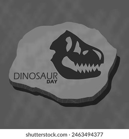 Dinosaur Day event banner. A fossilized dinosaur skull head in stone on dark gray background to celebrate on June 1st