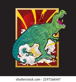 dinosaur design illustration with japanese style background