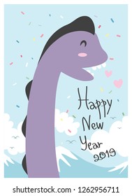 Dinosaur Design is smiling and greeting New Year's Day on a bright sky background.
