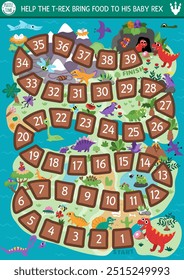 Dinosaur jogo de tabuleiro de dados para crianças com animais bonitos e mapa de continente antigo. Jogo de tabuleiro pré-histórico com t-rex trazendo comida para seu bebê, o estegossauro. Atividade imprimível de Dino land
