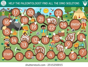 Dinosaurier Würfel Brettspiel für Kinder mit niedlichen Paläontologen und Landschaft graben. Prähistorische Brettspiel mit Archäologen Kinder, Fossilien, Knochen, Zelt. Dino Land druckbare Aktivität
