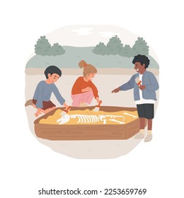 Dinosaur dig isolated cartoon vector illustration. Excited children search for dino bones in a sandbox, doing paleontology together, having common hobby, hands-on activity vector cartoon.