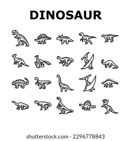 dinosaur dino animal cute icons set vector. jurassic rex, tyrannosaurus monster, funny prehistoric triceratops, nature fossil, forest dragon dinosaur dino animal cute black contour illustrations