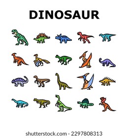 dinosaur dino animal cute icons set vector. jurassic rex, tyrannosaurus monster, funny prehistoric triceratops, nature fossil, forest dragon dinosaur dino animal cute color line illustrations