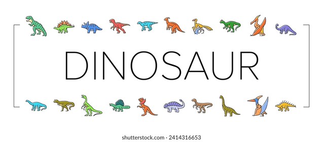 dinosaur dino animal cute icons set vector. jurassic rex, tyrannosaurus monster, funny prehistoric triceratops, nature fossil, forest dragon dinosaur dino animal cute color line illustrations