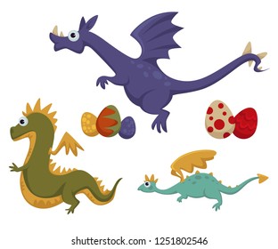 Dinosaur dino difference, prehistoric animals set vector. Generation of beasts, monsters with tails and wings, creature breathing with fire. Reptile brontosaurus realistic creatures