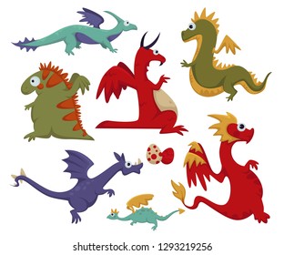 Dinosaur dino difference, prehistoric animals with eggs set vector. Generation of beasts, monsters with tails and wings, creature breathing with fire. Reptile brontosaurus realistic creatures