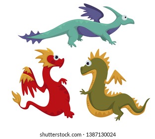 Dinosaur dino difference, prehistoric animals set vector. Generation of beasts, monsters with tails and wings, creature breathing with fire. Reptile brontosaurus realistic creatures