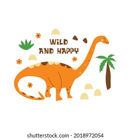 Dinosaur diplodocus. Sauropod. Large extinct ancient reptile, Jurassic period. Mesozoic era. Print is wild and happy. Colorful vector isolated illustration hand drawn. White background. Cute dino