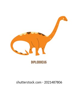 Dinosaur diplodocus. Sauropod. Large extinct ancient reptile, Jurassic period. Mesozoic era. Colorful vector isolated illustration hand drawn. White background. Cute dino