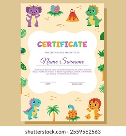 Dinosaur diploma, certificate. Template with dinosaurs and tropical plants.