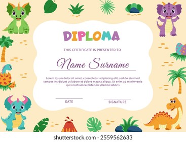 Dinosaur diploma, certificate. Template with dinosaurs and tropical plants.