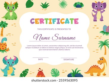 Dinosaur diploma, certificate. Template with dinosaurs and tropical plants.