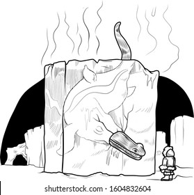 A Dinosaur is discovered inside an Ice Block by an explorer. Vector Illustration