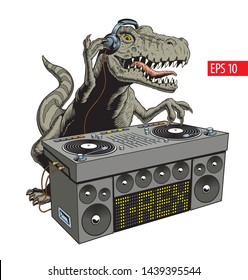 Dinosaur dj with turntable. Dino disco party comic style vector illustration.