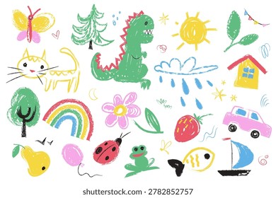 Dinosaur doodle with cat, flower, tree, rainbow, sun, cloud, car, boat, fish, and bug drawn in rough crayon strokes. Childhood joy, imagination, and learning theme for nursery and school. Cartoon vector illustration.