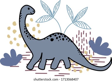 Dinosaur in doodle flat style with stylized plants and soil in pastel colors. Suitable for textile printing or for invitations or congratulatory wishes.