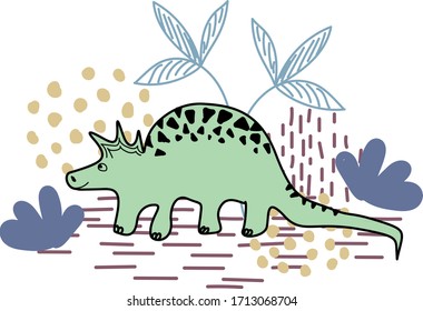 Dinosaur in doodle flat style with stylized plants and soil in pastel colors. Suitable for textile printing or for invitations or congratulatory wishes.