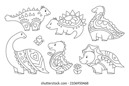 Dinosaur doodle outline set. Reptile cartoon collection dino childish prehistoric character. Wildlife funny dinosaurs lizard. Kids design animals for fabric or textile, predators and herbivores vector