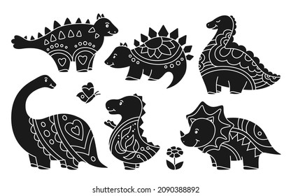 Dinosaur doodle prehistoric stamp set. Reptile stencil collection dino character print. Childish wildlife funny animals dinosaurs lizard. Kids design for textile, predators and herbivores vector