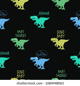 Dinosaur doodle seamless with roar Dino and baby-saurus. Funny Dino collection with speech bubbles. Textile design for baby boy on black background. Cartoon monster vector illustration.
