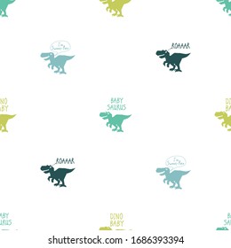 Dinosaur doodle seamless with roar Dino and baby-saurus. Funny Dino collection with speech bubbles. Textile design for baby boy on white background. Cartoon monster vector illustration.
