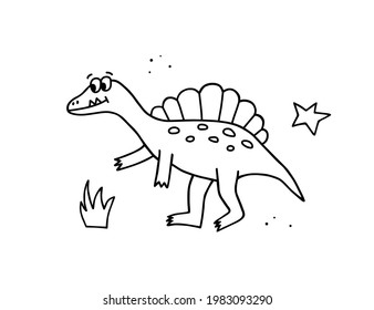 Dinosaur in doodle style. Hand drawn outline dino. Vector kids illustration.