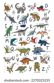 Dinosaur doodle vector illustrations alphabet print.