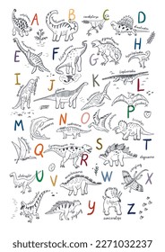 Dinosaur doodle vector illustrations alphabet print.