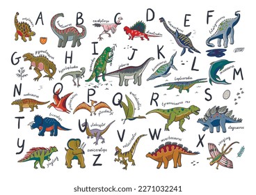 Impresión del alfabeto del doodle de dinosaurio.