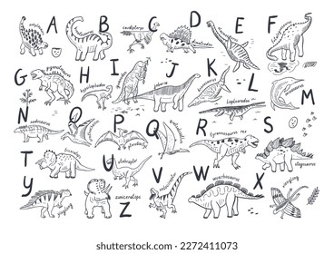 Dinosaur doodle vector illustrations alphabet print.