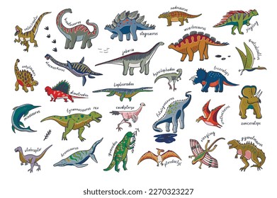 Dinosaur doodle vector illustrations set.