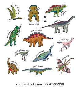 Dinosaur doodle vector illustrations set.