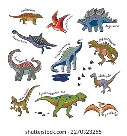 Dinosaur doodle vector illustrations set.