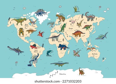 Dinosaur doodle vector illustrations world map.