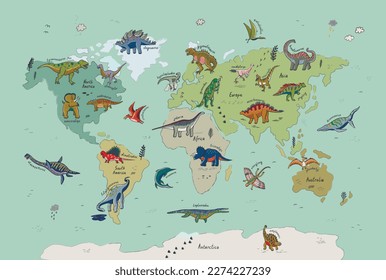 Mapa del mundo del doodle de dinosaurio.