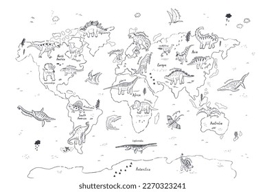 Dinosaur doodle vector line world map.