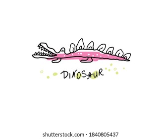 Dinosaur, dragon hand-drawn. Black line on a white background. Scandinavian style cartoon animals for t-shirt printing, textile, patch, baby product, pillow, gift. Doodle. Vector illustration. Sketch.