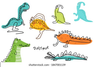 Dinosaur, dragon hand-drawn. Set. Scandinavian style cartoon animals for t-shirt printing, textile, patch, baby product, pillow, gift. Doodle. Vector illustration. Sketch.