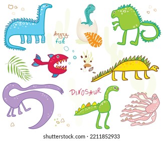 Dinosaur, dragon hand-drawn. Set. Scandinavian style cartoon animals for t-shirt printing, textile, patch, baby product, pillow, gift. Doodle. Vector illustration. Sketch.