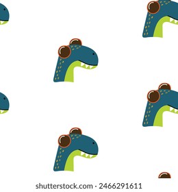 Dinosaur or dragon head wearing sunglasses. Seamless pattern with funny smiling dino. Design for textiles, fabrics, paper