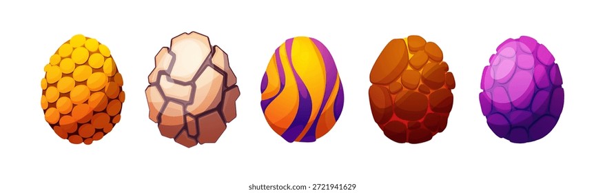 Dinosaur or dragon magic eggs set. Vector isolated cartoon ancient pod with cracks and prints on surfaces. Embryonic sphere of reptiles with scaly texture. Fairytale mythic orbs collection
